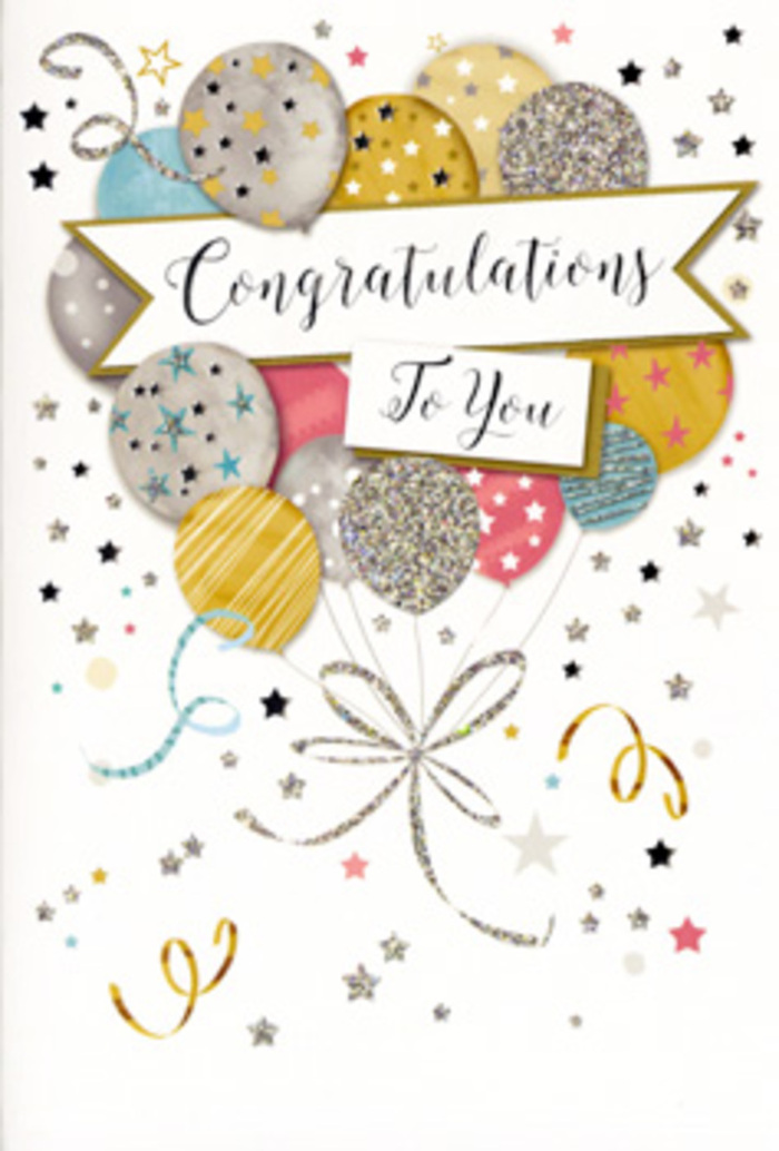 In this image, a refined congratulations card is presented as though resting on a counter in a Denmark Hill flower shop, its design echoing the joy of a freshly arranged bouquet. The main focus is a rounded cluster of illustrated balloons, gathered tightly together and floating at the centre of a soft, neutral background. The balloons appear in harmonious shades of champagne gold, soft silver, pastel pink, calm sky blue, and understated grey, each one topped with shimmering patterns of glittery stars, tiny dots, and delicate metallic stripes. They seem to glow gently, as if lit by soft afternoon light filtering through shop windows along Denmark Hill. Slender ribbons cascade from the balloon bases in sweeping, hand-drawn lines of gold and silver, curling and looping with graceful movement reminiscent of curling florists' ribbon tied around a celebratory bouquet. A gently curved banner stretches across the middle of the card, carrying the message Congratulations To You in elegant, flowing calligraphy that feels both personal and ceremonial. Around the balloons and banner, small scattered stars, confetti-like dots, and swirling lines flicker across the background, suggesting the spontaneous excitement of a surprise party after a big achievement. The overall colour palette is soothing yet festive, balanced between warm metallic tones and cool pastels, creating an atmosphere of polished celebration. Looking at the card, you can almost sense the light texture of the paper, the subtle raised glitter beneath your fingertips, and the quiet pride of presenting it alongside fresh blooms delivered to a home or office near Ruskin Park. It is a card that visually captures admiration, joy, and the satisfaction of seeing someone's hard work recognized.