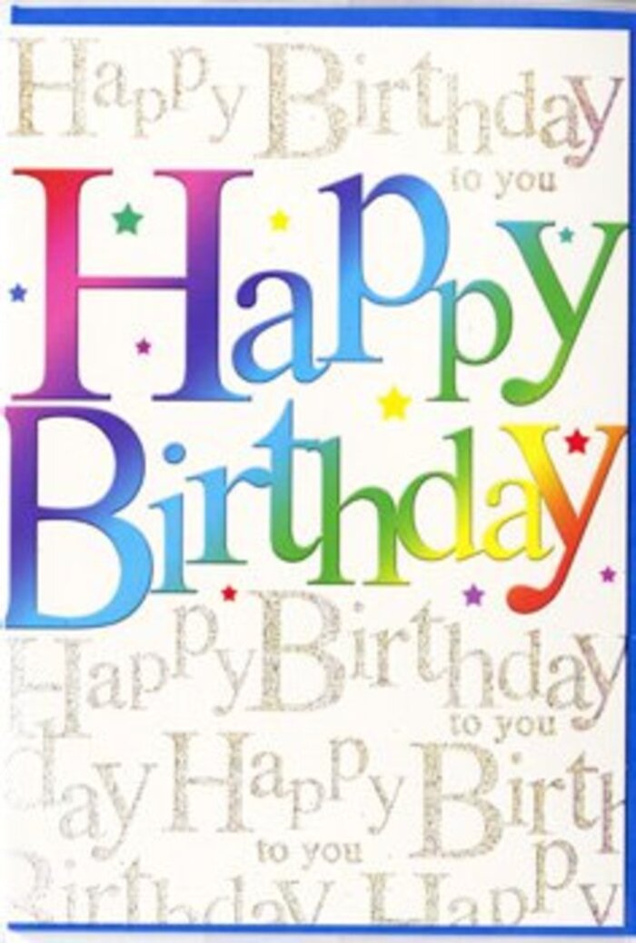 The photograph captures a jubilant birthday card whose design balances playful energy with a touch of elegance, much like a thoughtfully arranged bouquet ready to leave a studio near Denmark Hill. At the centre, the words Happy Birthday arc boldly across the card in large, rounded letters that seem to glow from within. Each letter is bathed in a distinct colour, blending softly into the next-deep ruby sliding into tangerine, then sunny yellow, crisp apple green, aquamarine, cobalt, and velvety purple. The effect is similar to watching the sky change at sunset over Ruskin Park, with each hue merging seamlessly into the next. The typeface is modern and friendly, thick enough to feel substantial yet softened by curved edges and subtle shading, giving a gentle sense of depth. Behind this joyful rainbow greeting, the background is densely patterned with the repeated phrase Happy Birthday to you in fine, looping gold script. The handwriting-style letters trail diagonally across the card like delicate garlands, their metallic ink catching and reflecting light in tiny glints, as subtle as jewellery in a shop window on Denmark Hill. Scattered lightly amid the script are minuscule stars and dots of colour, suggesting confetti drifting slowly to the ground after a toast. The card's surface appears smooth and slightly reflective, perhaps with a semi-gloss finish that enhances both the saturated colours and the shimmer of the gold. Altogether, the design gives off a feeling of genuine, overflowing celebration-ideal to slip alongside a colourful floral arrangement for local birthday deliveries across Denmark Hill and the neighbouring streets.