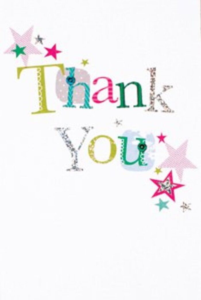 With a graceful yet exuberant presence, this thank you card features letters that almost dance across a brilliant white canvas. Each character is thoughtfully adorned-some with playful spots or whimsical curves that recall children's laughter at Lettsom Gardens, others with a poised elegance highlighted by silvery glints and soft pastel flourishes. Scattered throughout are starbursts in shades of turquoise, sparkling fuchsia, and subtle silver, clustering like a celebratory halo around the message. The composition feels artful and modern, a controlled spray of stardust that enlivens the clean, uncluttered backdrop. This card is a gentle but confident expression of gratitude, equally at home among wildflowers picked in nearby parks or as a refined addition to a formal bouquet from Denmark Hill Florist. There's an emotional resonance-a sense of uplift and shared happiness-that brings to mind treasured moments with friends in South London, making this thank you truly unforgettable.