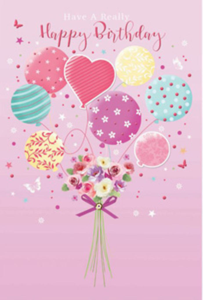 This tender birthday scene looks as though it could have been inspired by a peaceful afternoon wandering through Ruskin Park, then translated into a whimsical illustration for a Denmark Hill celebration. The background is a smooth, gentle pink that feels like the inside of a rose petal, setting the stage for a bouquet that doesn't sit still but instead seems to float upward. A graceful cluster of balloons in pastel tones-pale sunshine yellow, soft fuchsia, lavender, and cool mint-gathers at the centre, each balloon with its own unique pattern. Some carry delicate stripes that curl around their rounded forms like ribbons caught in a breeze, others are dotted with playful polka spots or scattered stars, while a heart-shaped balloon near the centre glows with quiet affection, reminiscent of a birthday hug shared at home off Grove Lane. The strings of these balloons converge into a hand-tied bouquet at the base, composed of petite rose-like blooms and daisy-inspired flowers in creamy ivory, blush pink, and muted mauve. Their petals are layered and velvety, softly shaded as though brushed with morning light just filtering into a local Denmark Hill florist's studio. A rich purple bow, slightly sparkling, cinches the green stems together in a crisp, symmetrical knot that hints at expert florist hands. Tiny butterflies and star shapes flit and twinkle around the arrangement, giving the picture a light, dreamlike quality, as if the whole display could drift gently above the familiar streets of Denmark Hill. The overall impression is one of gentle jubilation and heartfelt care, an illustrated birthday card design that suggests fresh flowers, airy balloons, and a sense of being truly cherished, perfect for sending local birthday wishes with a touch of artistry.