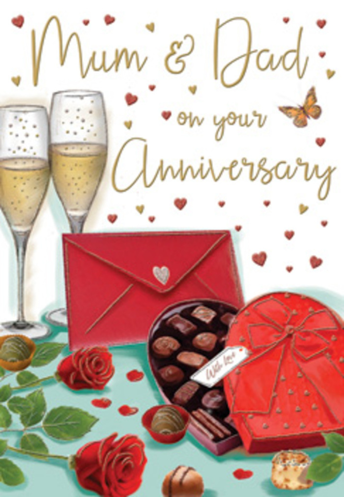Detailed anniversary card artwork that feels like an intimate scene set after a family dinner in Denmark Hill, arranged especially for Mum and Dad. In the foreground, two plush red roses recline thoughtfully on the tabletop, their petals intricately drawn to capture that velvety, almost touchable texture you notice when a bouquet is freshly arranged by a skilled florist. The roses' stems are partly hidden beneath lush, emerald-green leaves, some tipped with a lighter edge, giving a sense of depth and natural fullness. Just beyond them, an open heart-shaped chocolate box takes centre stage, its curved edges bordered in soft tones, while a luxuriant red bow, tied grandly at the top, cascades in gentle loops. Inside the box, assorted chocolates nestle neatly, their surfaces rounded and glossy, each piece suggesting a different flavour to be discovered and shared. Behind this sweet focal point stand two tall champagne flutes, almost touching, filled with sparkling golden liquid. Tiny bubbles rise in delicate trails, capturing the anticipation of an anniversary toast in a quiet Denmark Hill kitchen or dining room overlooking the leafy streets near Ruskin Park. Around the glasses, a constellation of small gold and crimson hearts floats across a pale background, surrounding a warm handwritten Mum & Dad message that feels personal and affectionate, like something written thoughtfully at the table. A vivid scarlet envelope lies to one side, its triangular flap closed, hinting at heartfelt words waiting within. The gentle, diffused light suggests early evening, washing the scene in a soft glow that evokes gratitude, togetherness, and the enduring comfort of long-shared love.