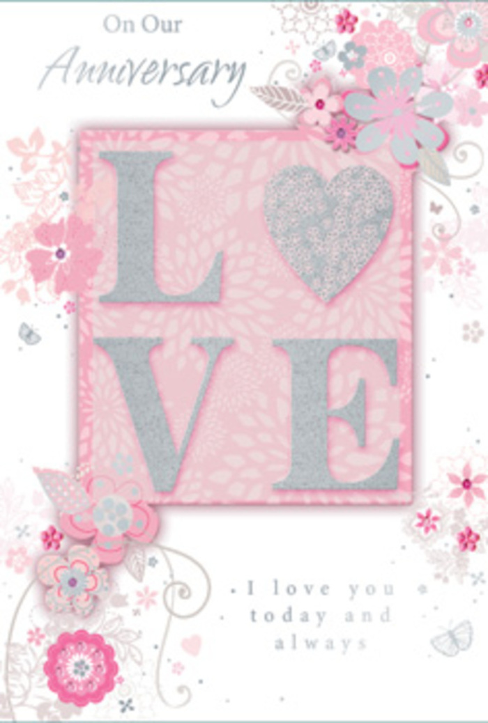 This anniversary card opens like a gentle gesture of devotion, its design reminiscent of a sunlit sitting room in Denmark Hill where love is part of the everyday rhythm. Dominating the front is the word LOVE, printed in raised, frosted glitter that creates a tactile sensation under the fingertips, similar to running a hand along the textured petals of a freshly arranged bouquet. The glitter catches and scatters the light in a playful way, producing tiny reflections like dew on blush-pink roses. Surrounding the central word, wispy, hand-drawn flowers and foliage sweep along the borders, their lines so delicate they feel almost like pencil sketches in a florist's notebook. Shades of pink, lilac, ivory, and soft grey intermingle with subtle shading, giving each bloom a sense of volume and motion, as though they're gently drifting across the card on a breeze passing over nearby Ruskin Park. Tiny flourishes-filigree curls, slender leaves, and scarcely-there butterflies-are tucked among the flowers, evoking that flutter in the chest that long-time partners still feel on anniversaries. The background is a soft, warm blush, diffused like early evening light filtering through a Denmark Hill townhouse window. The message, I love you today and always, appears in understated, elegant type, carefully placed so it feels like a quiet promise rather than a grand announcement. Together, text and illustration evoke the feeling of a hand-tied bouquet translated into paper form, making this card an ideal companion to anniversary flowers delivered locally, whether to a home off Champion Hill or an intimate gathering near the station.