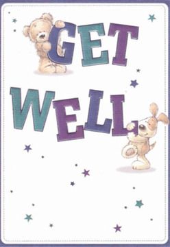 The moment you glance at this get well card, an immediate wave of comfort arrives-its design as caring as a stroll through leafy Denmark Hill. Set against a pristine white field, a soft, kindly teddy clings lovingly to the top of the word 'GET', while a bright-eyed, floppy-eared puppy leans tenderly against the bold 'WELL' below. Their rounded, cuddly forms and animated faces are infused with hope, echoing the embrace of a warm community like ours. Deep teal and royal purple letters dance on the page, interspersed with flickering stars in tones reminiscent of twilight skies over Camberwell Green, adding a touch of local magic. The peaceful, airy composition recalls the clarity we all seek when under the weather; this card, much like a carefully gathered bouquet from a Denmark Hill florist, is created with the intention of brightening someone's most difficult moments. Every soft brushstroke, each gentle line, channels the same compassion and attention we give to our floral arrangements for neighbours and friends across Denmark Hill.