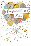 The card in this image feels like a keepsake of celebration, captured in soft metallics and airy pastels that would sit beautifully beside a bouquet from Denmark Hill Florist. At the heart of the design floats a generous bouquet of illustrated balloons, gathered together as if just released into the air above Denmark Hill's tree-lined streets. Each balloon carries its own character: some shimmer in warm gold and champagne, others gleam in cool silver, while touches of sky blue, blush pink, and gentle grey bring a tender, contemporary feel. Their surfaces are decorated with tiny stars, scattered glitter, and curved stripes, catching imaginary light like evening reflections in nearby shop windows. Fine ribbons spill down from the cluster, painted as delicate curling strands of gold and silver that loop gracefully across the lower part of the card, echoing the look of carefully tied ribbon on a celebratory bouquet. A soft banner drifts across the middle, bearing the words Congratulations To You in flowing, stylish script that suggests sincerity and warmth. Around the central motif, small metallic stars, whimsical swirls, and speckles of confetti appear to dance across the pale background, giving a sense of movement and joyful energy. The texture is implied through hints of gloss and glitter that you can almost feel-smooth in some places, gently raised in others. Overall, the card's design conveys pride, happiness, and quiet glamour, ideal for milestones such as graduations, promotions, or personal triumphs. It feels like a visual embrace, ready to accompany fresh flowers on same-day delivery to homes, offices, or celebrations throughout the Denmark Hill area.