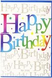 A richly coloured birthday card fills the frame, radiating celebration much like a bunch of fresh, mixed blooms leaving a Denmark Hill Florist workbench. The main focus is the large phrase Happy Birthday, spelled out in thick, joyful letters that span almost the entire width of the card. Each letter carries its own vivid hue, moving smoothly from deep cherry red to warm orange, bright golden yellow, fresh leafy green, teal, royal blue, and velvety violet, creating a rolling rainbow effect that suggests streamers and balloons strung up for a party at home near Denmark Hill. Soft shading within each character adds a subtle three-dimensional depth, as if the letters have been carefully airbrushed onto a silky surface. Behind this bold greeting, the background is completely covered in a fine, elegant script that repeats the words Happy Birthday to you. The script is rendered in shimmering gold, leaning gently to one side, its looping strokes reminiscent of a personal note written with a favourite fountain pen. When the light strikes the card, the gold lettering appears to twinkle, like tiny fairy lights glimpsed through a window on a cosy evening. Delicate star shapes and specks of colour peek out around the big letters, giving the impression of light confetti scattered in the background rather than a loud explosion of colour. The card's finish looks smooth and slightly glossy, helping the vibrant tones stand out crisply against the refined metallic script. The overall feeling is one of upbeat, heartfelt celebration-an ideal companion to a hand-delivered birthday bouquet arriving at a doorstep somewhere in the Denmark Hill area.