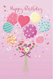This whimsical birthday card design feels like a pastel daydream floating above Denmark Hill, with every element created to evoke joy, warmth, and the charm of a locally crafted bouquet. The backdrop is a smooth blush-pink field, soft and comforting, against which a cluster of balloons appears to rise gently from a base of fresh flowers. Each balloon is rendered in delicate, chalky tones of rose, mint, lemon, and lavender, and their surfaces are alive with cheerful decoration: candy-coloured stripes swirl around some, sprightly polka dots scatter across others, and a few carry tiny stars and floral motifs. At the heart of the cluster, a heart-shaped balloon glows in a deeper pink, radiating affection like a birthday message shared between family or friends in a cosy home off Champion Hill. All the balloon strings meet in a compact, hand-tied bouquet at the base, where roses and anemone-like blooms gather in shades of creamy ivory, blush, and dusty mauve. Their feathery petals are layered, softly curled at the edges, as though freshly arranged on the counter at Denmark Hill Florist before a local delivery. A violet satin bow cinches the green stems, its polished sheen catching the light just as the balloons do above. Around the composition, tiny butterflies and star shapes drift and sparkle, adding a hint of storybook magic. The lighting is bright yet gentle, highlighting the rounded balloons and softly glowing petals, creating a sense of airy sweetness and festive anticipation-an illustration that beautifully captures the spirit of a bright, unforgettable birthday in the Denmark Hill area.