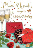 Warm, romantic anniversary card illustration capturing the essence of a family celebration for Mum and Dad, reminiscent of a lovingly set table in a Denmark Hill home. Dominating the foreground, two rich red roses rest almost casually on a smooth surface, their petals layered and full, with subtle shading that suggests their velvety texture and the faint, familiar scent of a freshly delivered arrangement. The accompanying greenery fans out beneath them in glossy, deep green tones, providing a natural frame. Nearby, a heart-shaped chocolate box sits open, its lid angled so the viewer can see neatly arranged chocolates inside, each piece individually drawn with rounded tops and small highlights. The box is wrapped with a wide, luxurious red ribbon tied into an opulent bow, its folds and curves giving a sense of indulgent elegance. Just behind, two slender champagne flutes stand close together, brimming with pale gold champagne, the tiny bubbles suspended in mid-rise as though a toast is about to be made. Scattered gold and crimson hearts drift across the soft background, playfully encircling a script-style dedication to Mum & Dad, the lettering loose and expressive, like a note written from the heart. A bright scarlet envelope rests at the bottom of the composition, perfectly aligned, hinting at an affectionate message sealed inside. The overall lighting is gentle and warm, like evening glow slipping into a living room near Denmark Hill station or along the nearby streets, giving the card a comforting atmosphere that speaks of shared memories, long-lasting devotion, and the quiet joy of marking another year together.